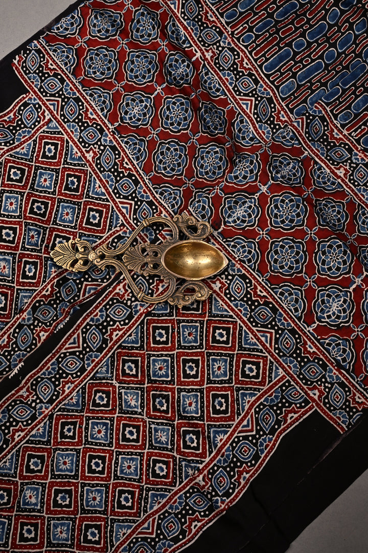 Black Modal Silk Saree with Ajrakh Hand Block Print  | SHOBITAM