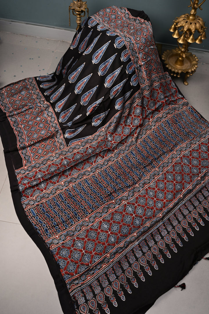 Black Modal Silk Saree with Ajrakh Hand Block Print  | SHOBITAM