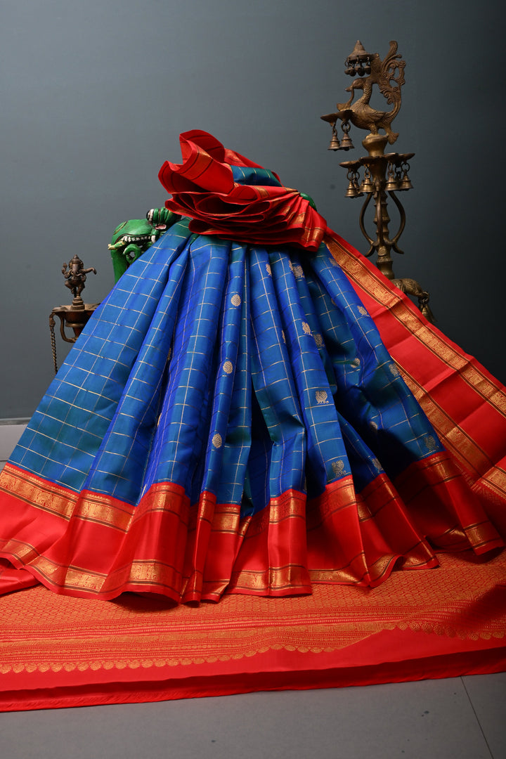 Blue-Green Dual Tone Korvai Zari Checks on Kanjivaram Pure Silk Saree with Zari Buttas and Contrast Rettaipet Zari Border | SILK MARK CERTIFIED | SHOBITAM