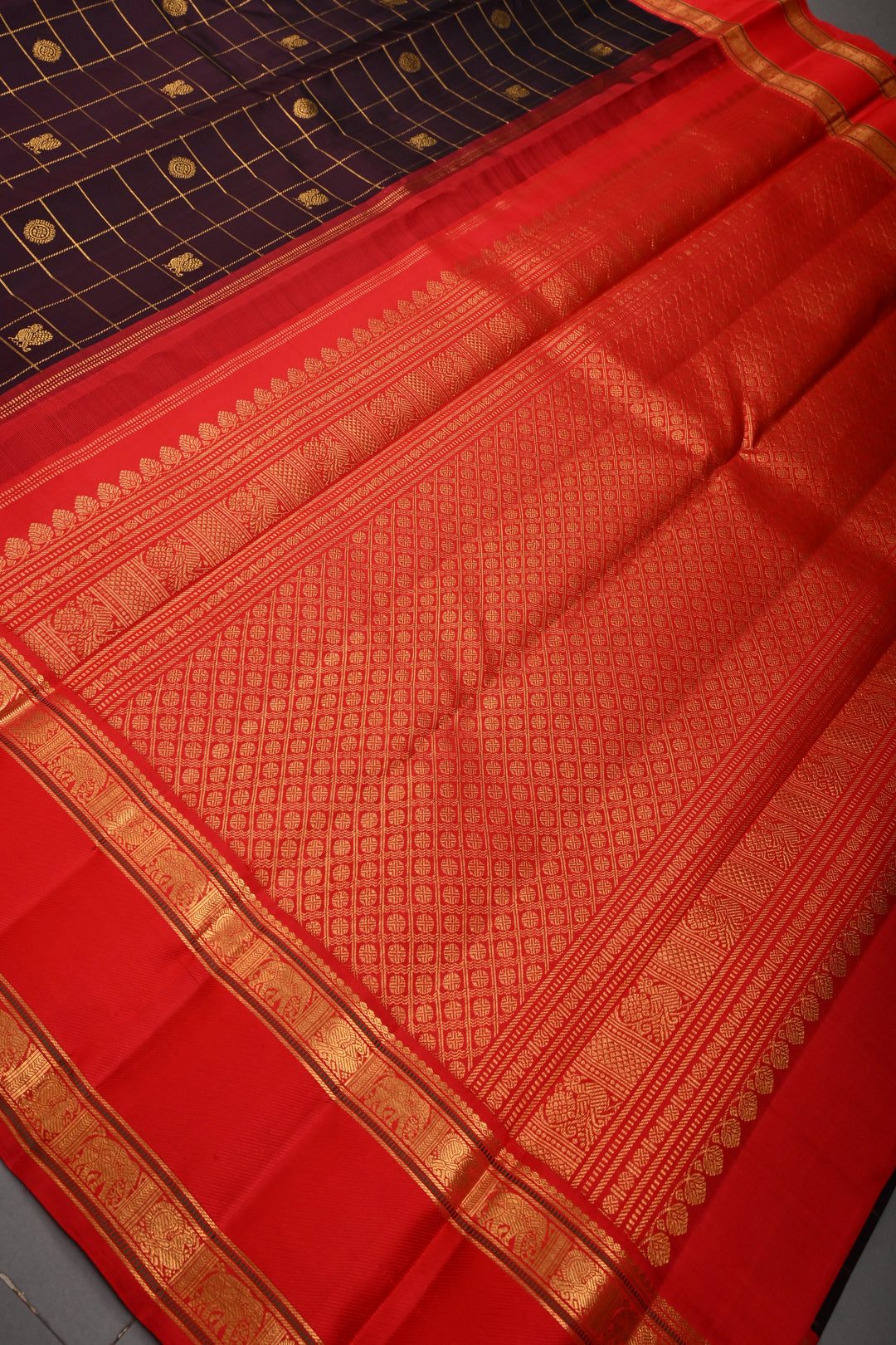 Coffee Brown Korvai Zari Checks on Kanjivaram Pure Silk Saree with Zari Buttas and Contrast Rettaipet Zari Border | SILK MARK CERTIFIED | SHOBITAM