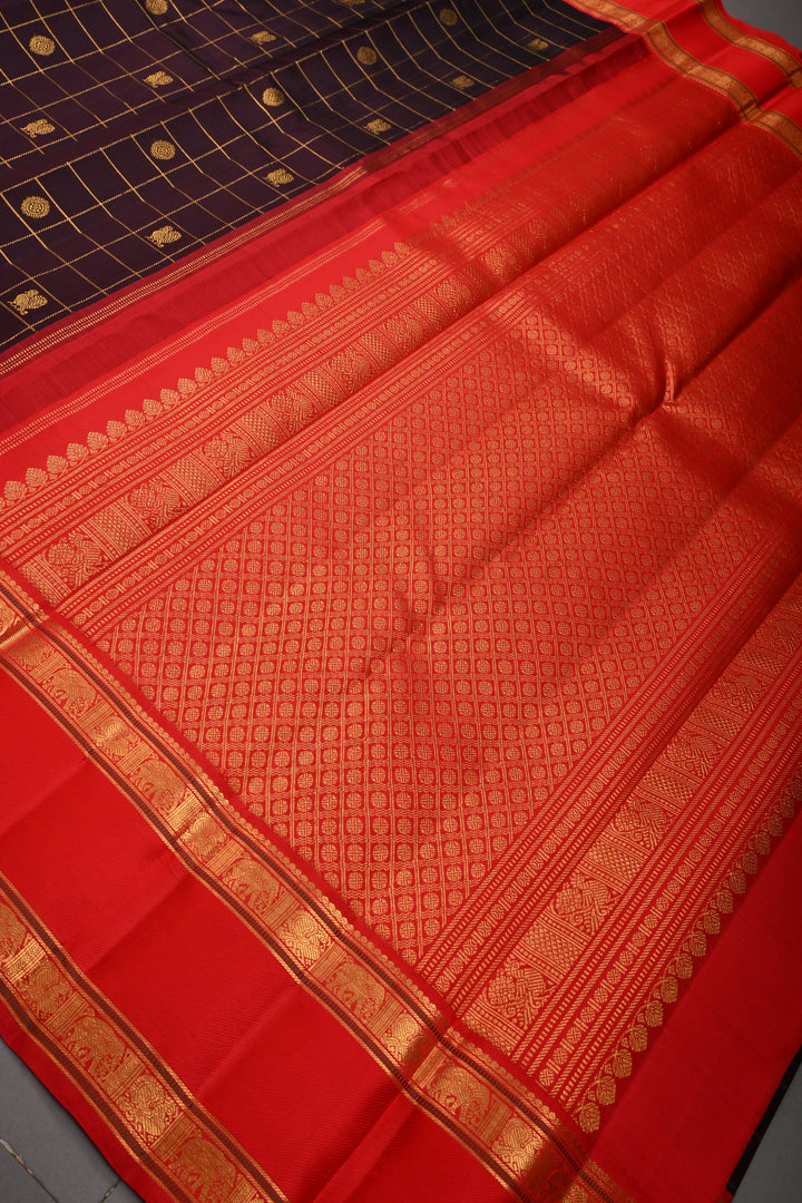 Coffee Brown Korvai Zari Checks on Kanjivaram Pure Silk Saree with Zari Buttas and Contrast Rettaipet Zari Border | SILK MARK CERTIFIED | SHOBITAM