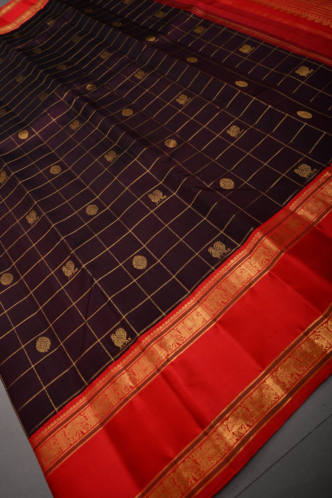 Coffee Brown Korvai Zari Checks on Kanjivaram Pure Silk Saree with Zari Buttas and Contrast Rettaipet Zari Border | SILK MARK CERTIFIED | SHOBITAM