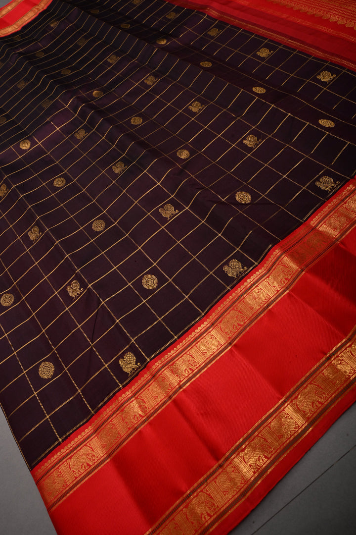 Coffee Brown Korvai Zari Checks on Kanjivaram Pure Silk Saree with Zari Buttas and Contrast Rettaipet Zari Border | SILK MARK CERTIFIED | SHOBITAM