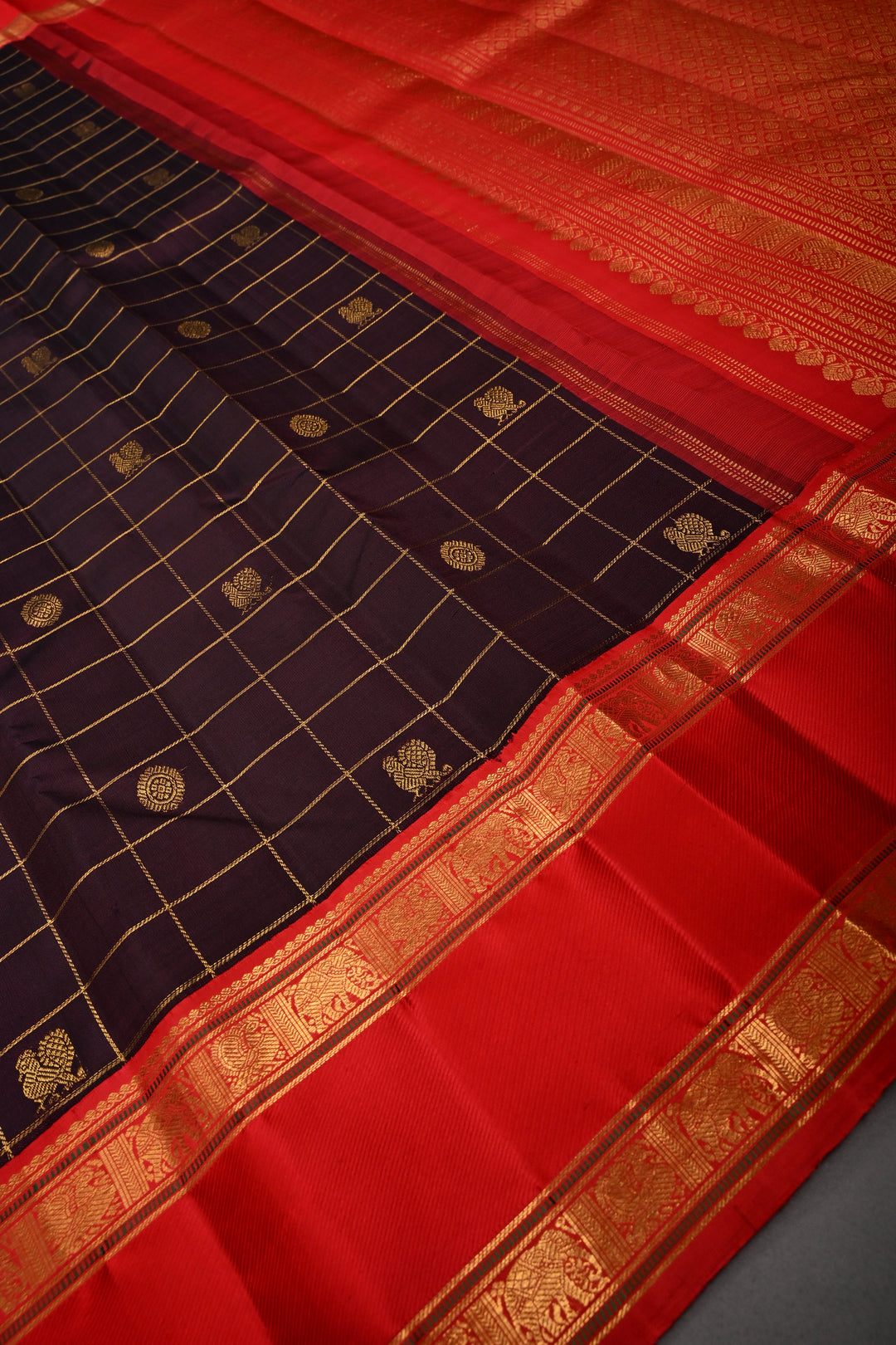 Coffee Brown Korvai Zari Checks on Kanjivaram Pure Silk Saree with Zari Buttas and Contrast Rettaipet Zari Border | SILK MARK CERTIFIED | SHOBITAM