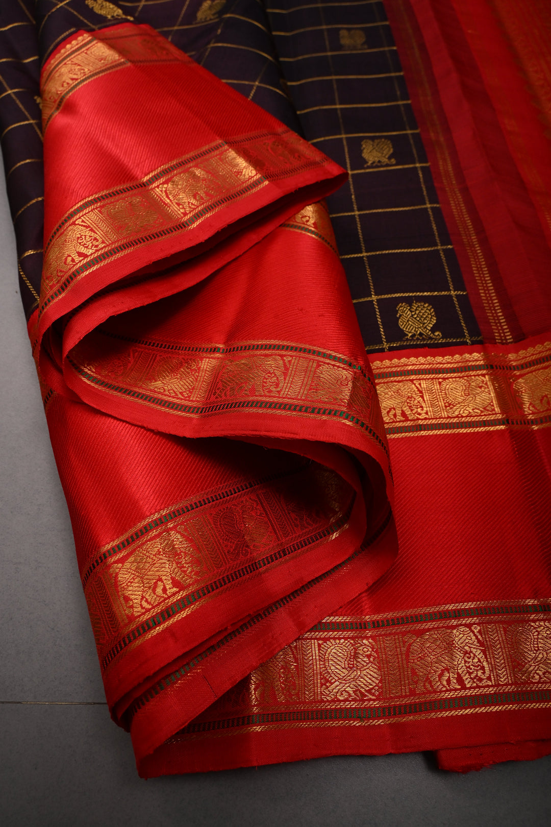 Coffee Brown Korvai Zari Checks on Kanjivaram Pure Silk Saree with Zari Buttas and Contrast Rettaipet Zari Border | SILK MARK CERTIFIED | SHOBITAM