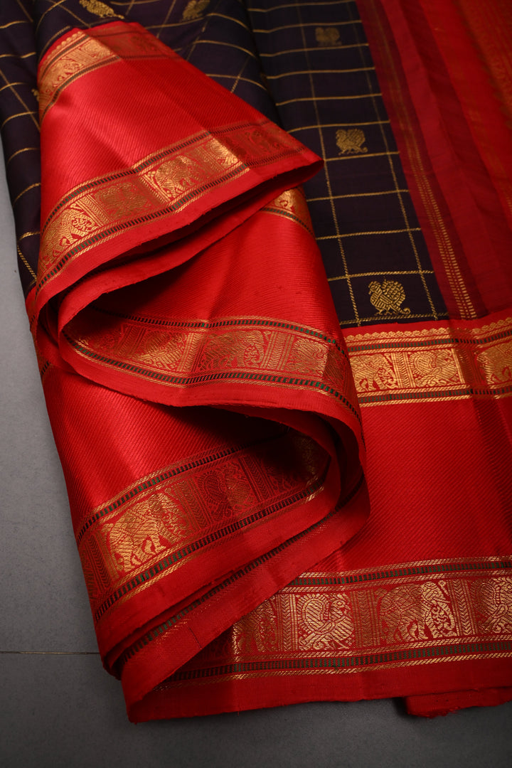 Coffee Brown Korvai Zari Checks on Kanjivaram Pure Silk Saree with Zari Buttas and Contrast Rettaipet Zari Border | SILK MARK CERTIFIED | SHOBITAM