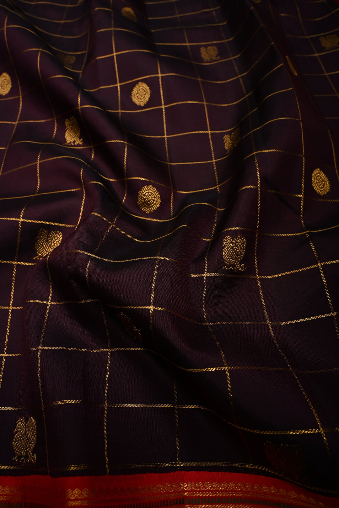 Coffee Brown Korvai Zari Checks on Kanjivaram Pure Silk Saree with Zari Buttas and Contrast Rettaipet Zari Border | SILK MARK CERTIFIED | SHOBITAM