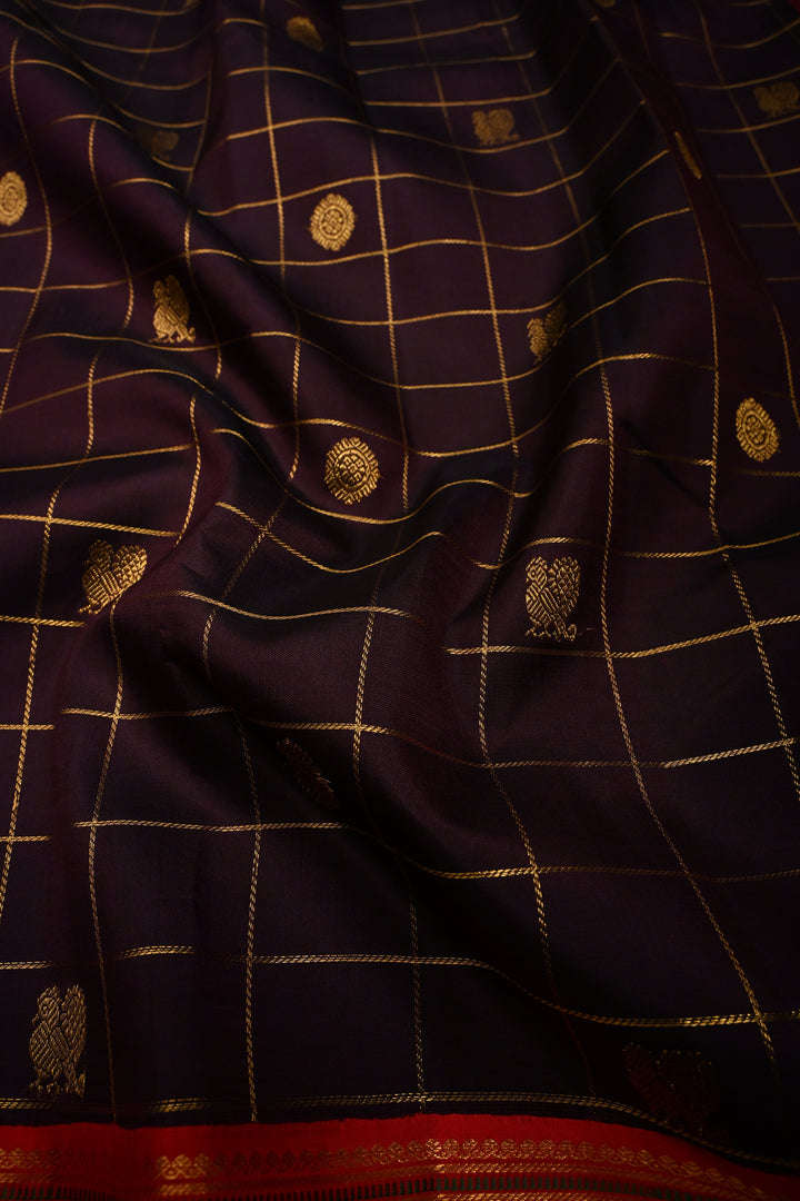 Coffee Brown Korvai Zari Checks on Kanjivaram Pure Silk Saree with Zari Buttas and Contrast Rettaipet Zari Border | SILK MARK CERTIFIED | SHOBITAM