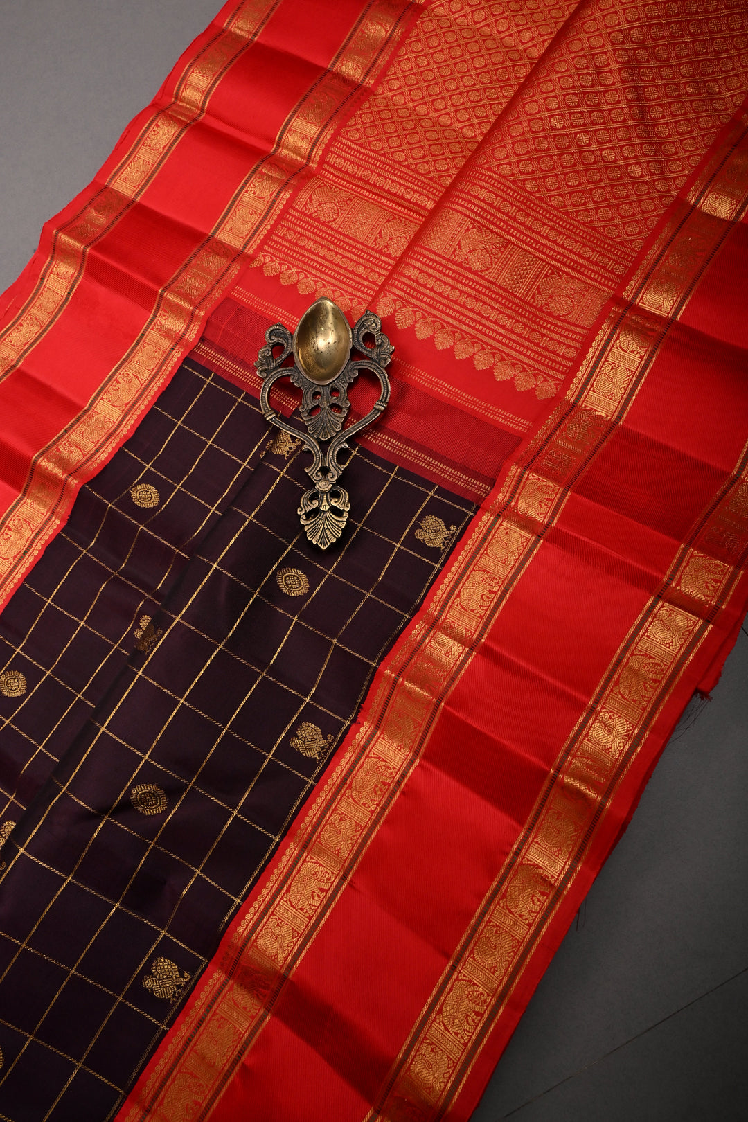 Coffee Brown Korvai Zari Checks on Kanjivaram Pure Silk Saree with Zari Buttas and Contrast Rettaipet Zari Border | SILK MARK CERTIFIED | SHOBITAM