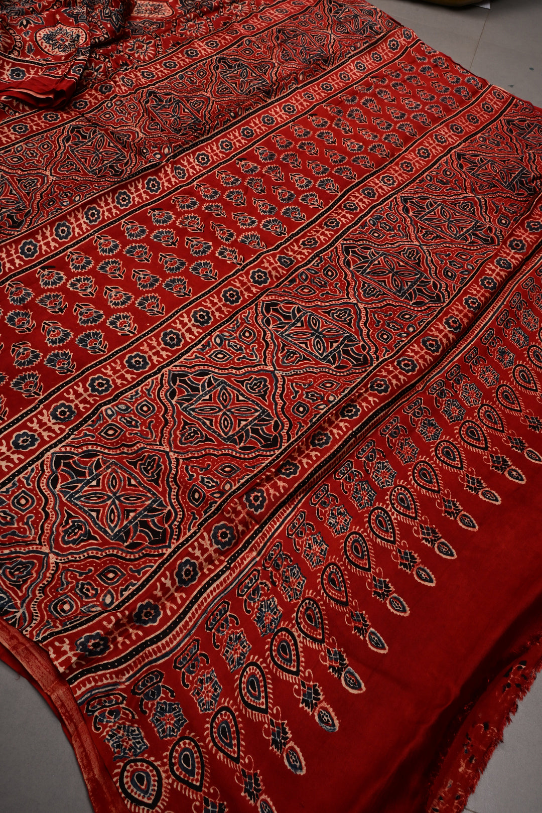 Red Modal Silk Saree with Ajrakh Hand Block Print  | SHOBITAM