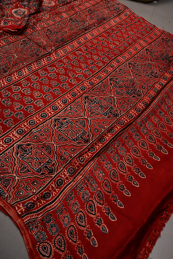 Red Modal Silk Saree with Ajrakh Hand Block Print  | SHOBITAM