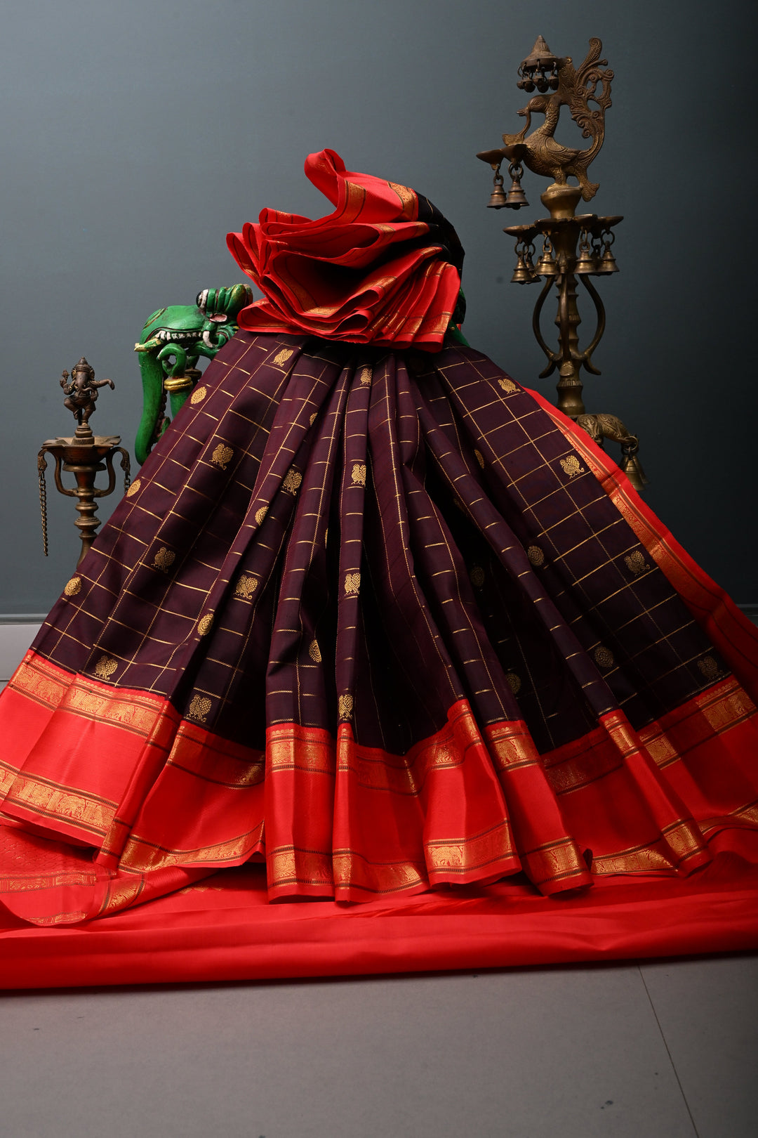 Coffee Brown Korvai Zari Checks on Kanjivaram Pure Silk Saree with Zari Buttas and Contrast Rettaipet Zari Border | SILK MARK CERTIFIED | SHOBITAM