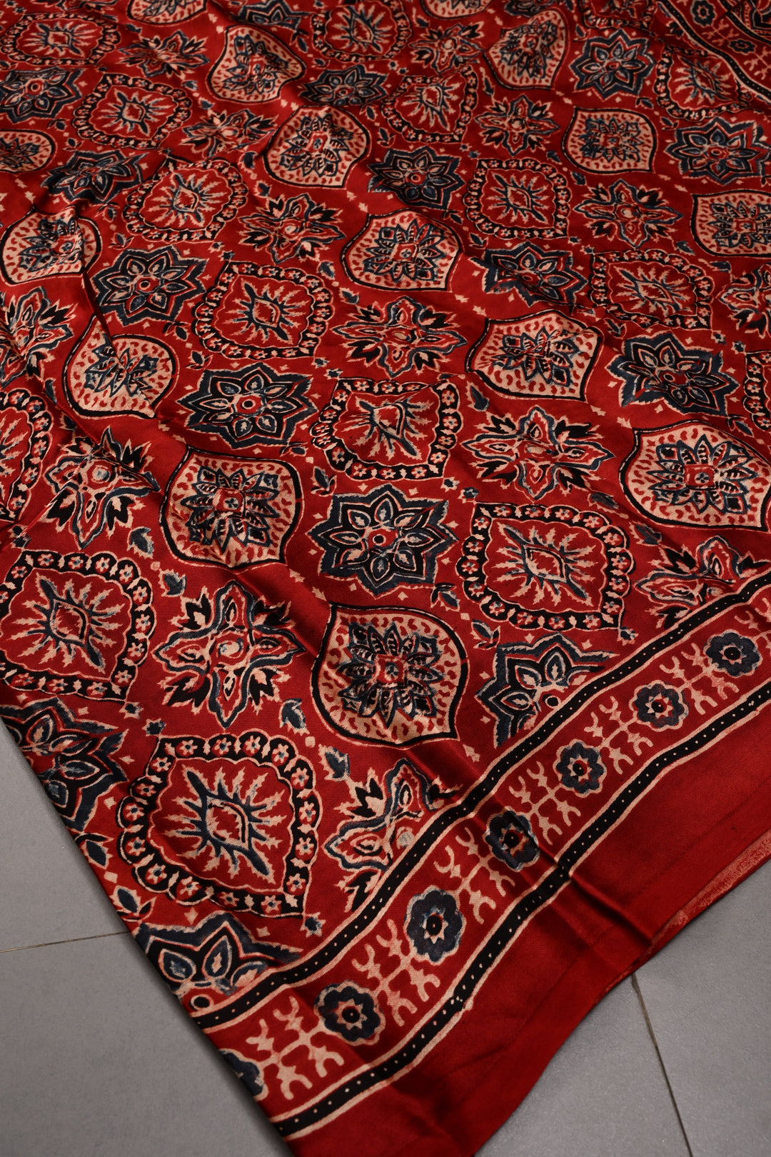 Red Modal Silk Saree with Ajrakh Hand Block Print  | SHOBITAM