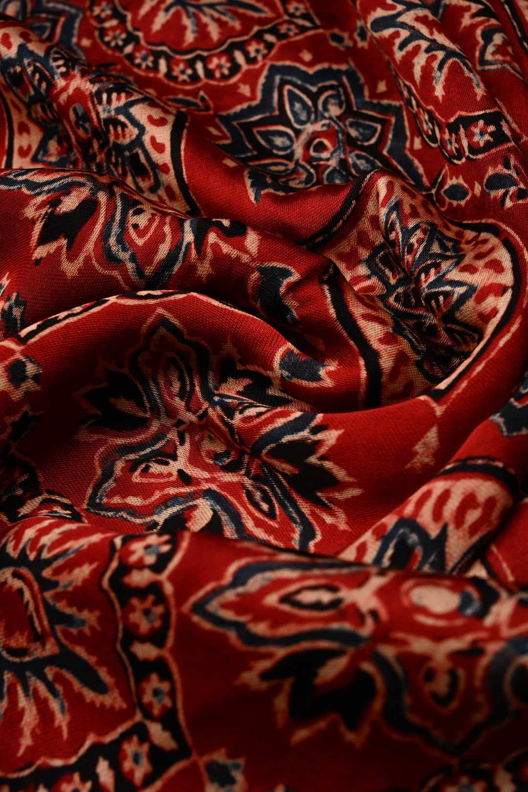 Red Modal Silk Saree with Ajrakh Hand Block Print  | SHOBITAM