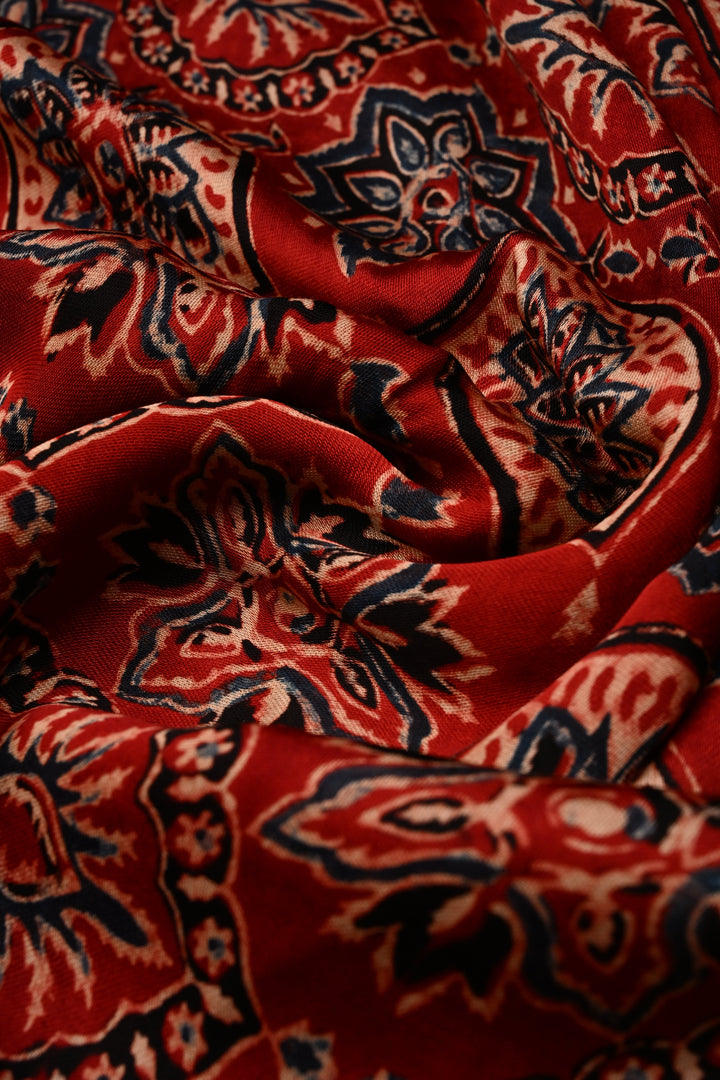 Red Modal Silk Saree with Ajrakh Hand Block Print  | SHOBITAM