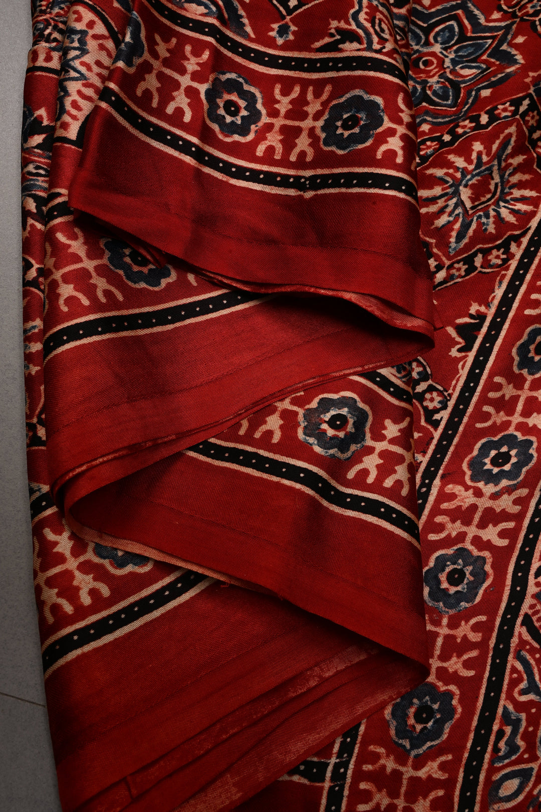 Red Modal Silk Saree with Ajrakh Hand Block Print  | SHOBITAM
