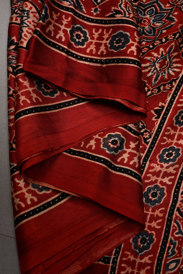 Red Modal Silk Saree with Ajrakh Hand Block Print  | SHOBITAM