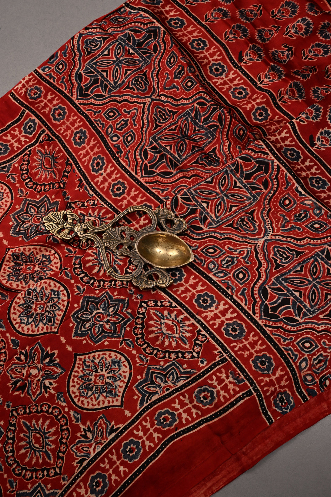 Red Modal Silk Saree with Ajrakh Hand Block Print  | SHOBITAM
