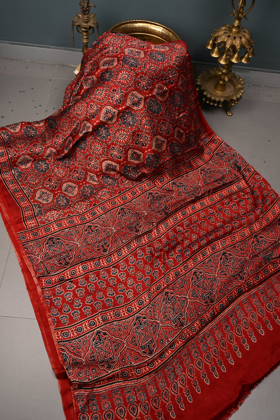 Red Modal Silk Saree with Ajrakh Hand Block Print  | SHOBITAM