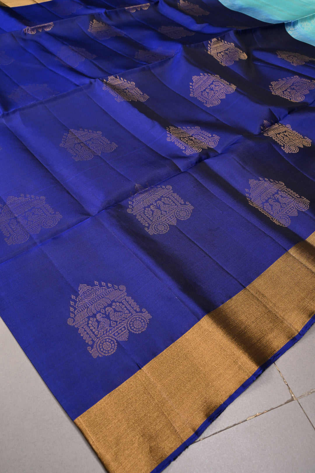 Navy Blue Kanjivaram Soft Silk Saree with Zari Buttas and Tissue Zari Border  | SILK MARK CERTIFIED | SHOBITAM