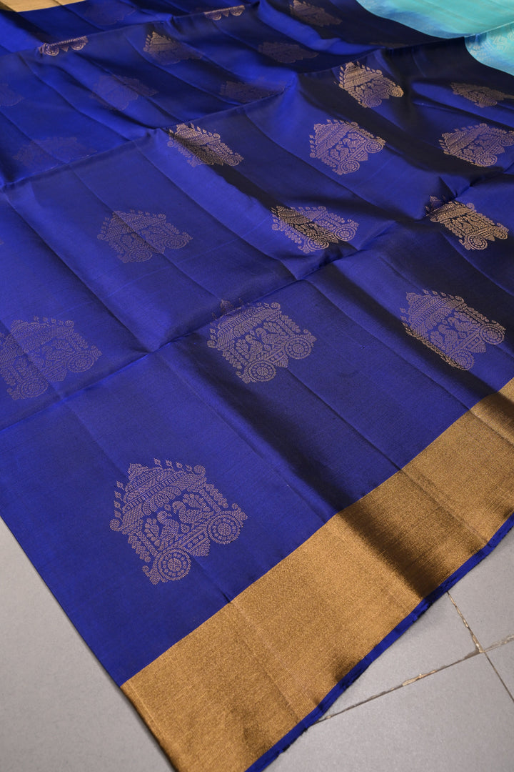 Navy Blue Kanjivaram Soft Silk Saree with Zari Buttas and Tissue Zari Border  | SILK MARK CERTIFIED | SHOBITAM