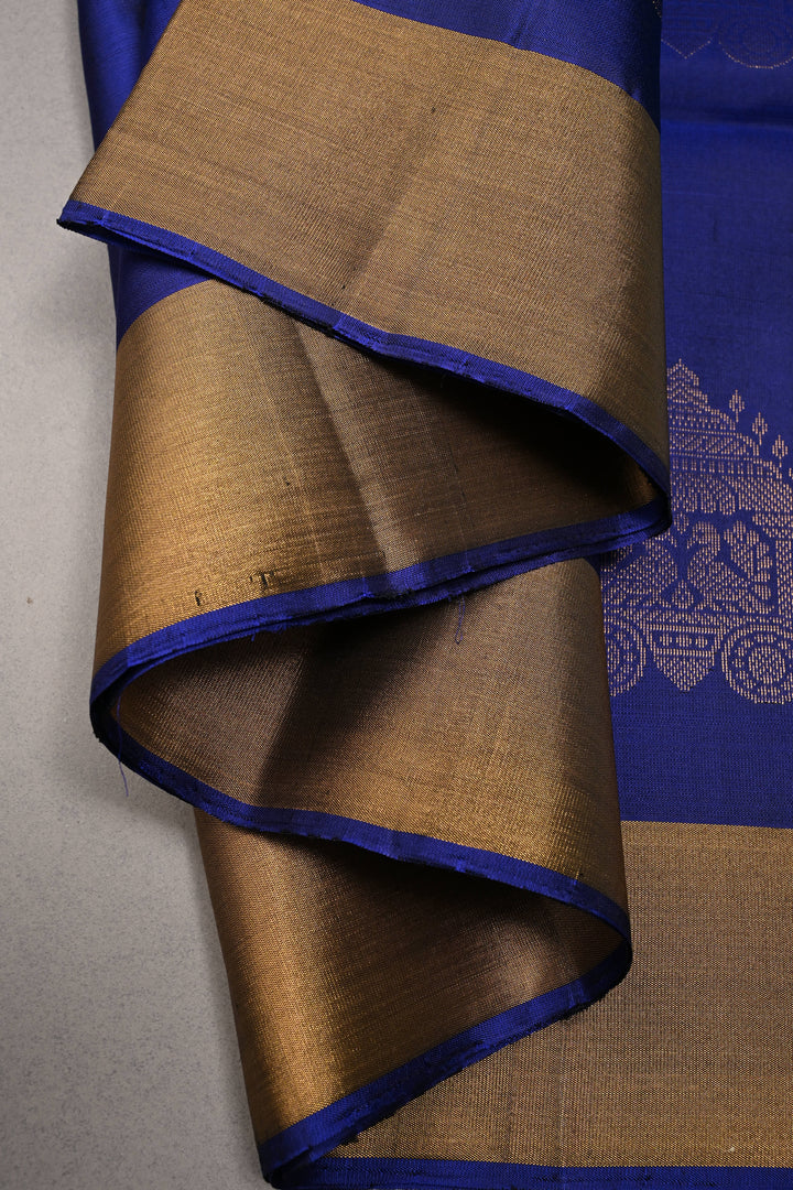 Navy Blue Kanjivaram Soft Silk Saree with Zari Buttas and Tissue Zari Border  | SILK MARK CERTIFIED | SHOBITAM