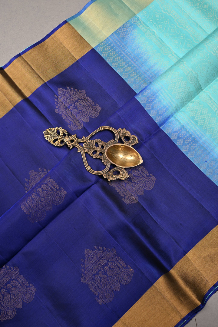 Navy Blue Kanjivaram Soft Silk Saree with Zari Buttas and Tissue Zari Border  | SILK MARK CERTIFIED | SHOBITAM
