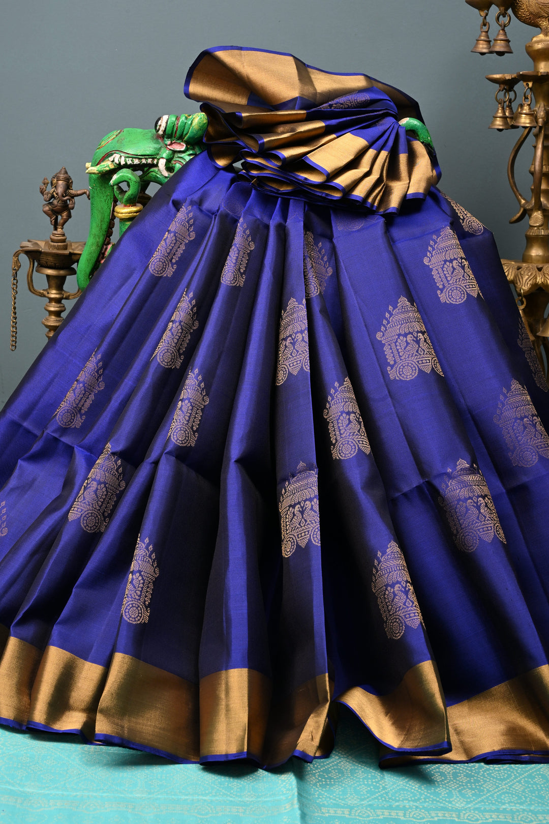 Navy Blue Kanjivaram Soft Silk Saree with Zari Buttas and Tissue Zari Border  | SILK MARK CERTIFIED | SHOBITAM