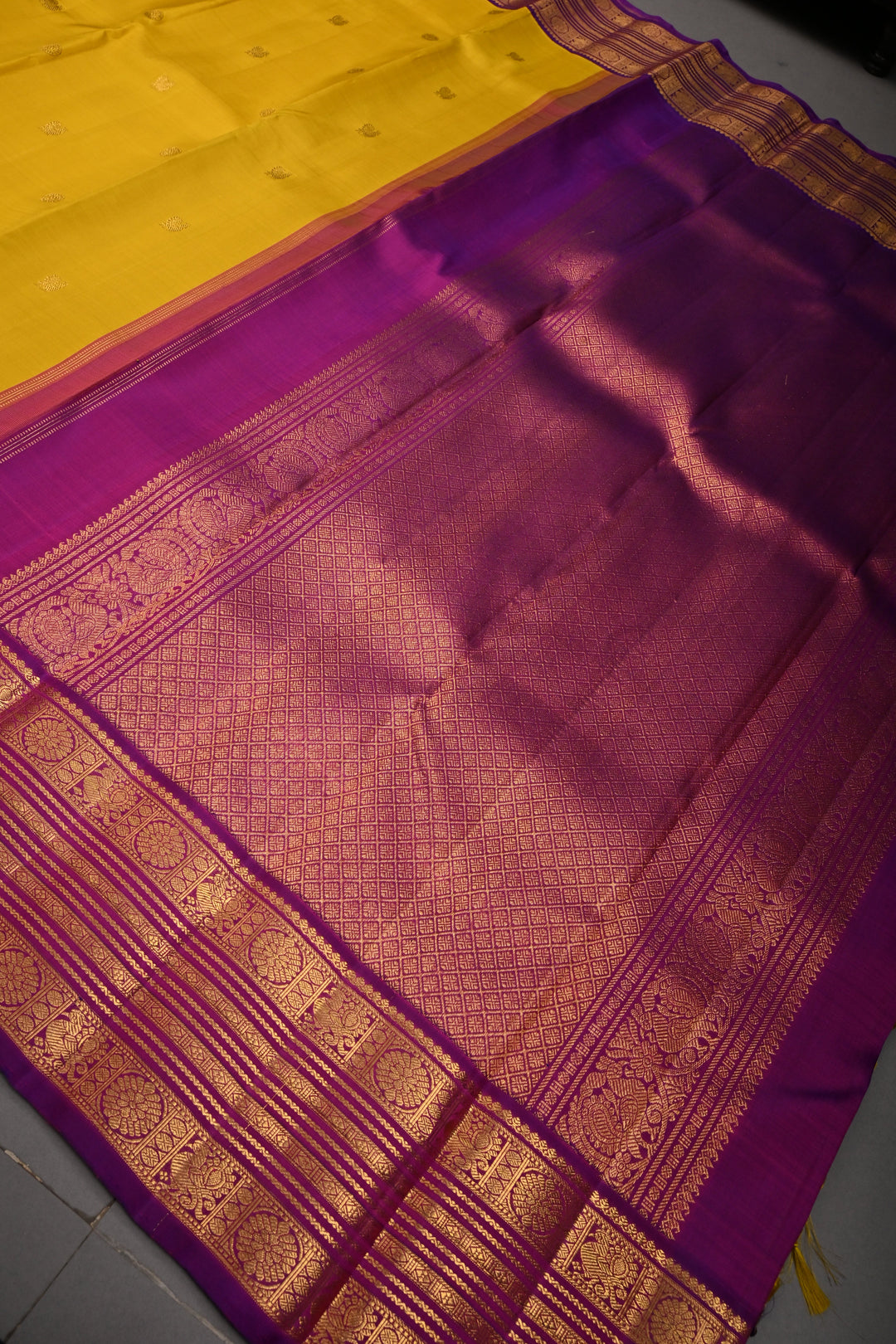 Sunflower Yellow Korvai Pure Kanjivaram Silk Saree with Zari Buttas and Contrast Zari Border | SILK MARK CERTIFIED | SHOBITAM