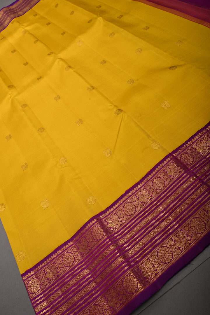 Sunflower Yellow Korvai Pure Kanjivaram Silk Saree with Zari Buttas and Contrast Zari Border | SILK MARK CERTIFIED | SHOBITAM