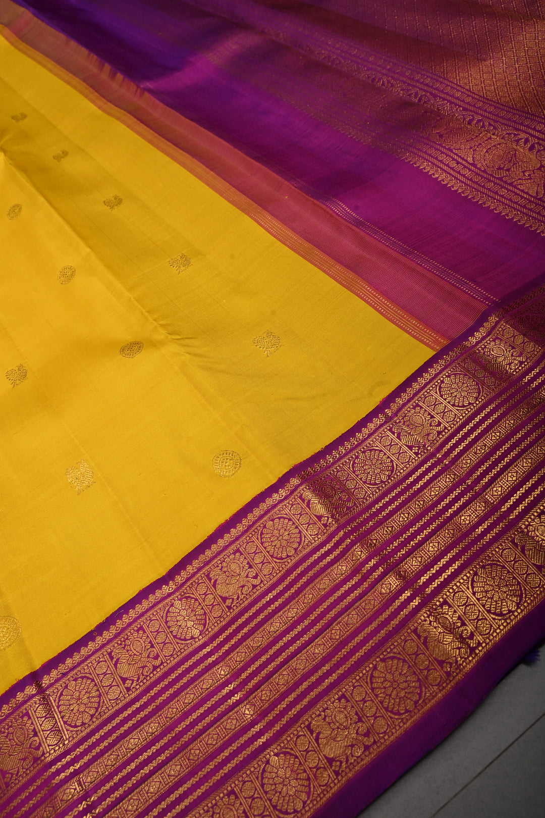 Sunflower Yellow Korvai Pure Kanjivaram Silk Saree with Zari Buttas and Contrast Zari Border | SILK MARK CERTIFIED | SHOBITAM