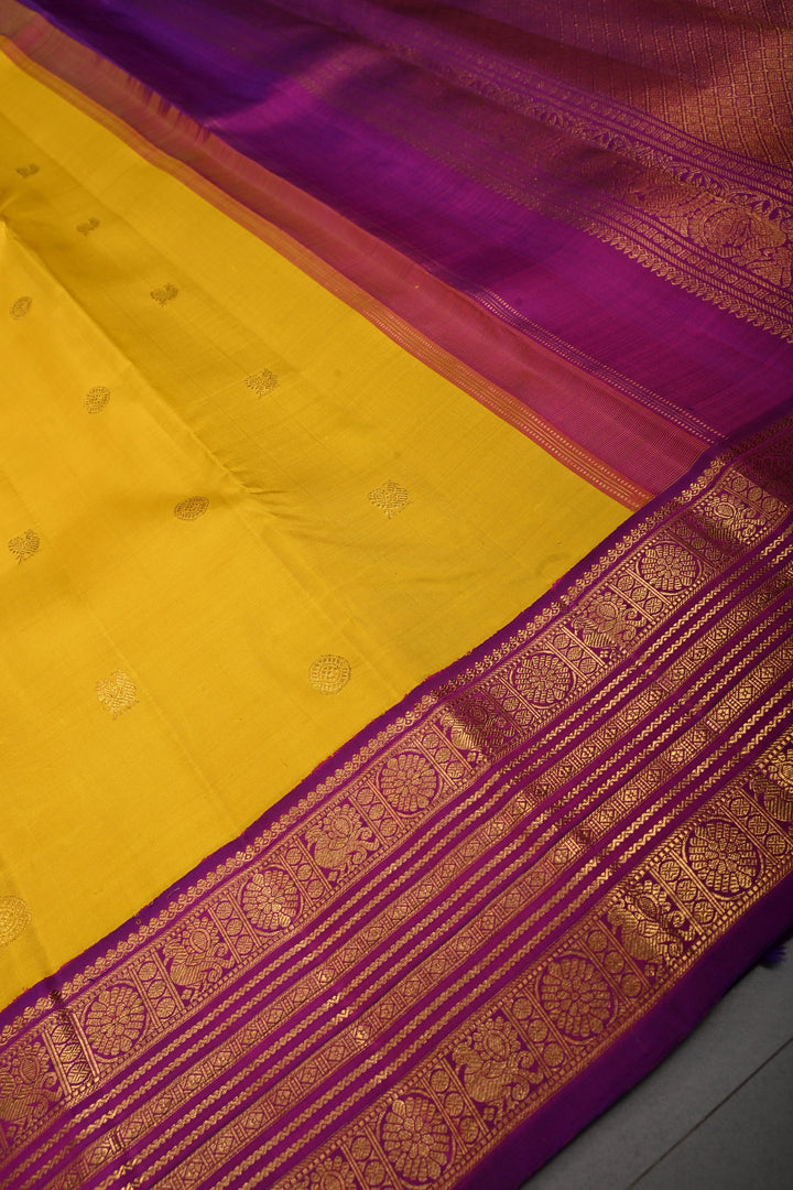 Sunflower Yellow Korvai Pure Kanjivaram Silk Saree with Zari Buttas and Contrast Zari Border | SILK MARK CERTIFIED | SHOBITAM