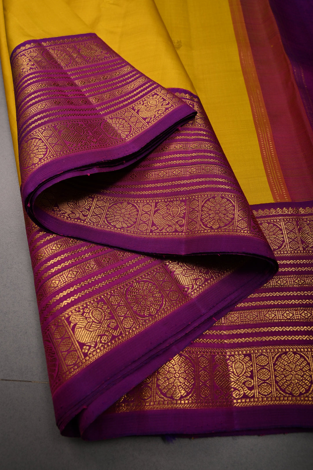 Sunflower Yellow Korvai Pure Kanjivaram Silk Saree with Zari Buttas and Contrast Zari Border | SILK MARK CERTIFIED | SHOBITAM