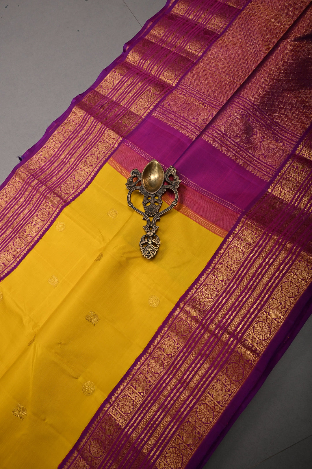 Sunflower Yellow Korvai Pure Kanjivaram Silk Saree with Zari Buttas and Contrast Zari Border | SILK MARK CERTIFIED | SHOBITAM