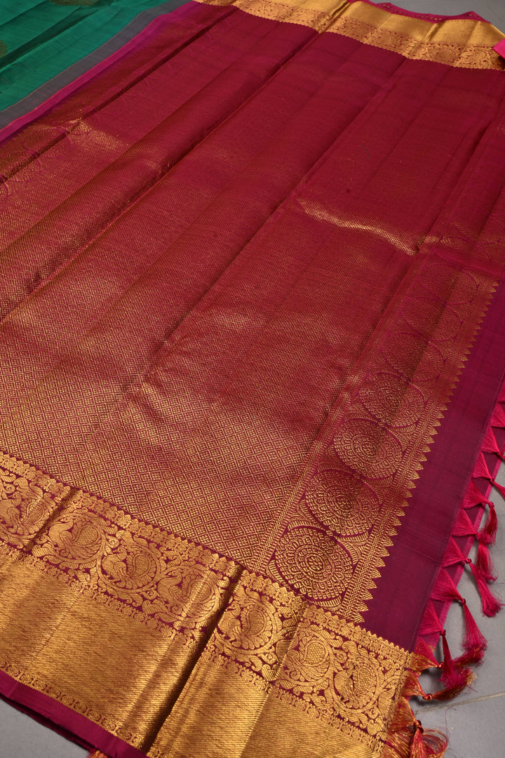 Forest Green Vairaoosi Zari Stripes on Pure Kanjivaram Silk Handloom Saree with Tree Zari Buttas and Contrast Zari Border | SILK MARK CERTIFIED | SHOBITAM