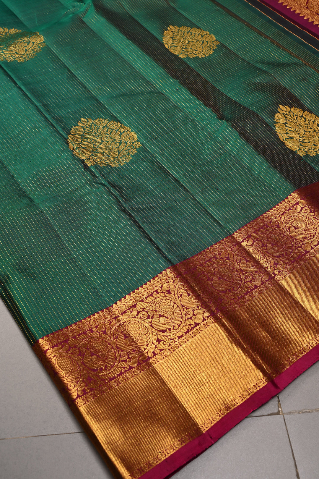 Forest Green Vairaoosi Zari Stripes on Pure Kanjivaram Silk Handloom Saree with Tree Zari Buttas and Contrast Zari Border | SILK MARK CERTIFIED | SHOBITAM