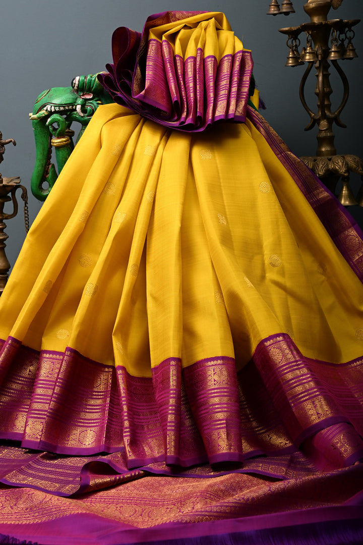 Sunflower Yellow Korvai Pure Kanjivaram Silk Saree with Zari Buttas and Contrast Zari Border | SILK MARK CERTIFIED | SHOBITAM