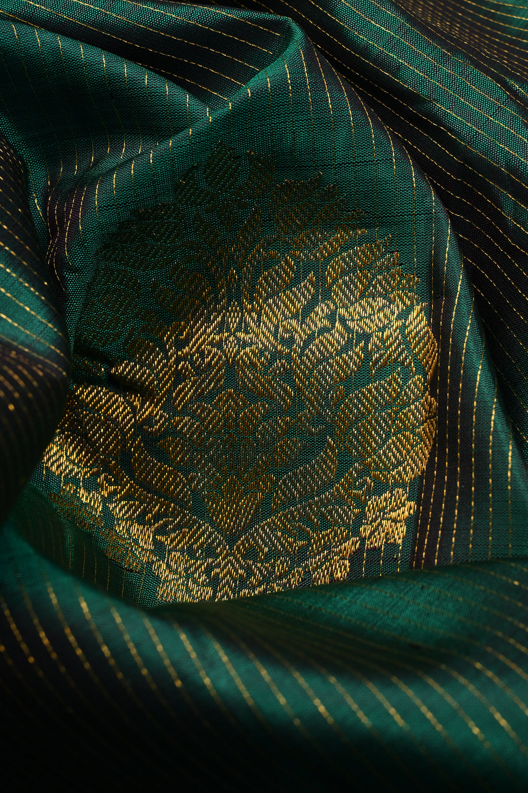 Forest Green Vairaoosi Zari Stripes on Pure Kanjivaram Silk Handloom Saree with Tree Zari Buttas and Contrast Zari Border | SILK MARK CERTIFIED | SHOBITAM