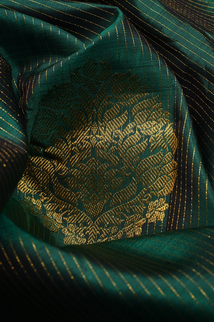 Forest Green Vairaoosi Zari Stripes on Pure Kanjivaram Silk Handloom Saree with Tree Zari Buttas and Contrast Zari Border | SILK MARK CERTIFIED | SHOBITAM