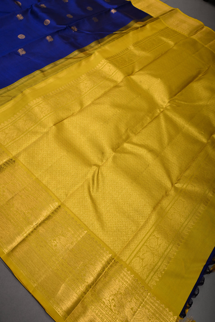 Ink Blue  Korvai Pure Kanjivaram Silk Saree with Zari Buttas and Contrast Zari Border | SILK MARK CERTIFIED | SHOBITAM