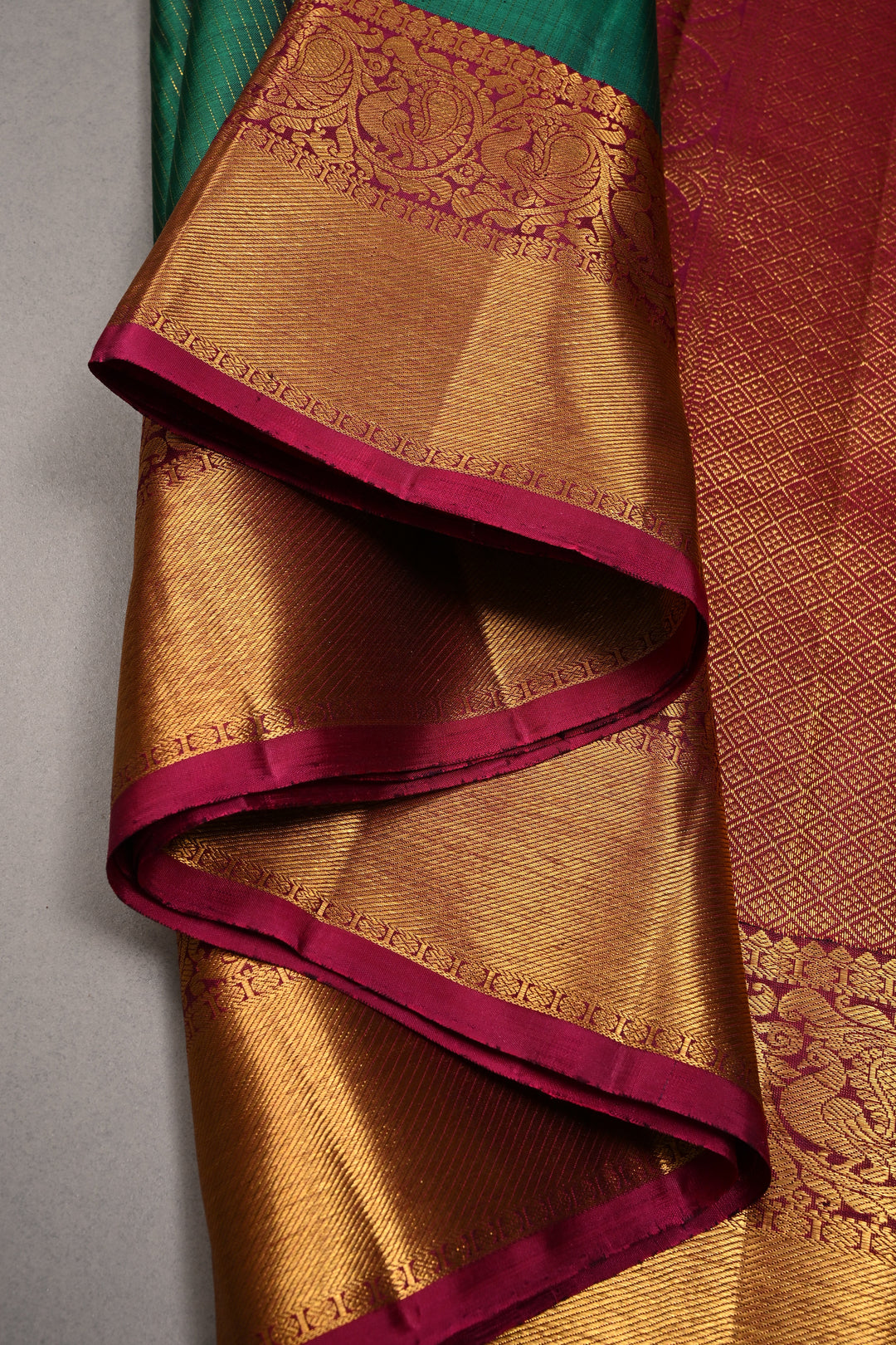 Forest Green Vairaoosi Zari Stripes on Pure Kanjivaram Silk Handloom Saree with Tree Zari Buttas and Contrast Zari Border | SILK MARK CERTIFIED | SHOBITAM
