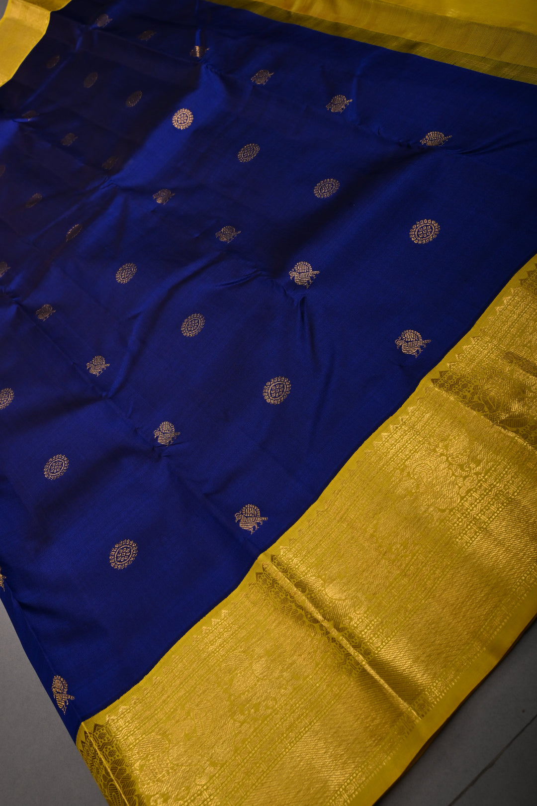Ink Blue  Korvai Pure Kanjivaram Silk Saree with Zari Buttas and Contrast Zari Border | SILK MARK CERTIFIED | SHOBITAM
