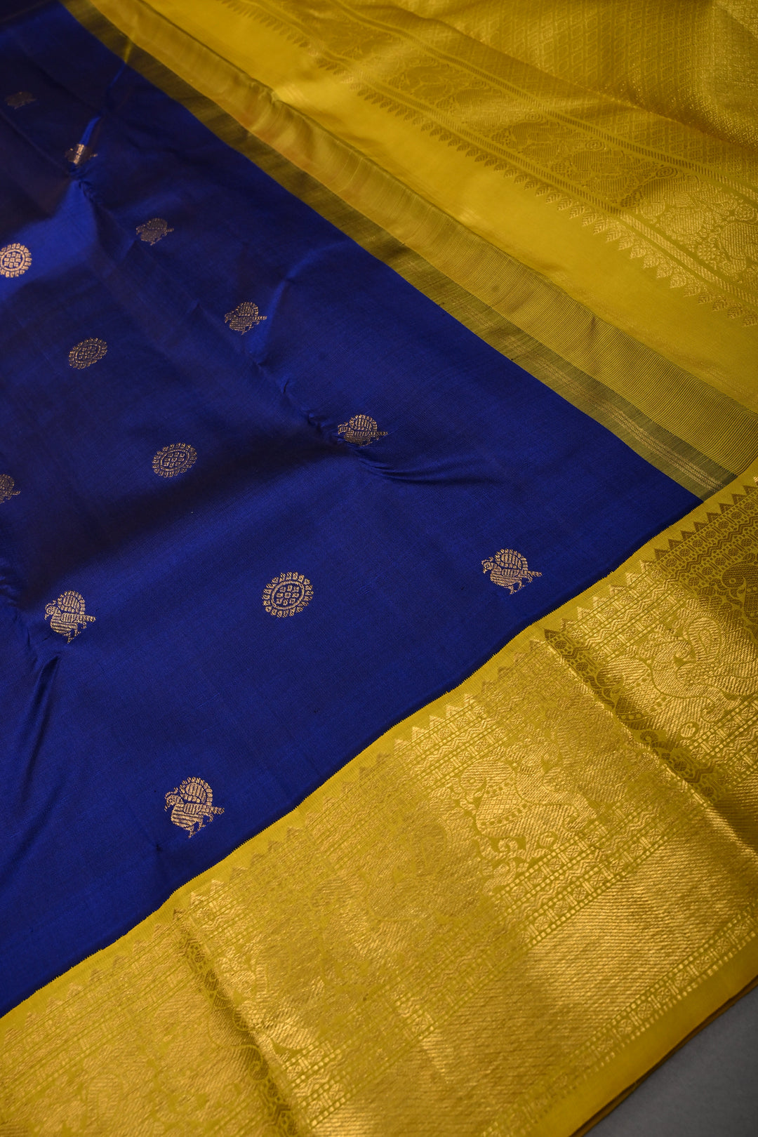 Ink Blue  Korvai Pure Kanjivaram Silk Saree with Zari Buttas and Contrast Zari Border | SILK MARK CERTIFIED | SHOBITAM