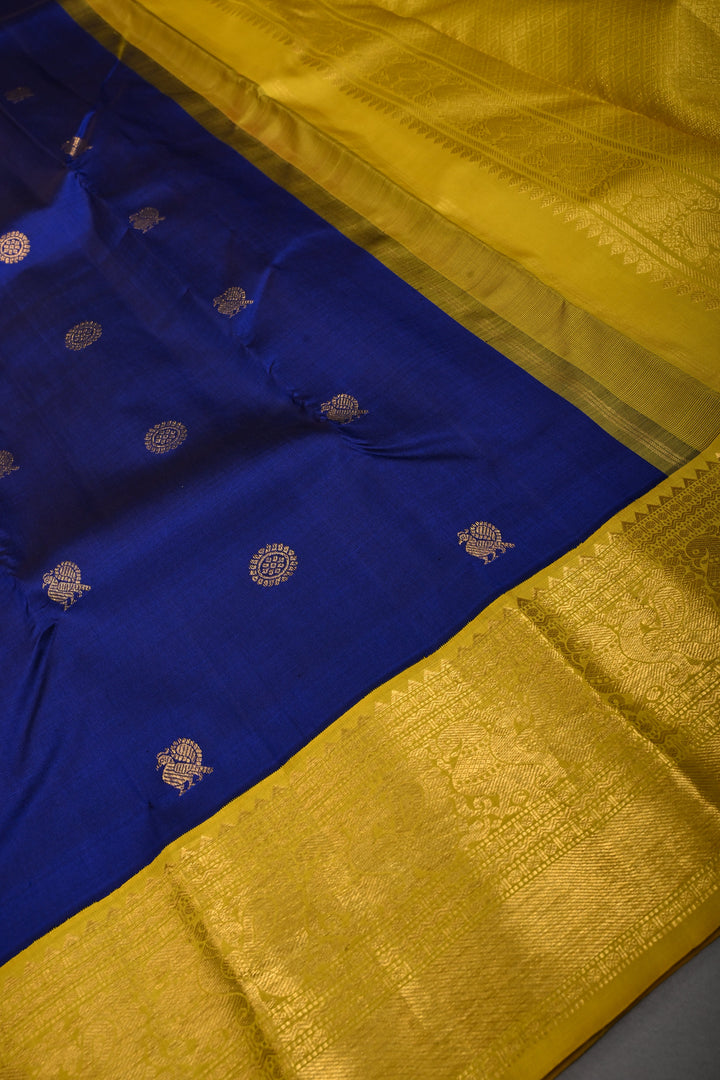 Ink Blue  Korvai Pure Kanjivaram Silk Saree with Zari Buttas and Contrast Zari Border | SILK MARK CERTIFIED | SHOBITAM