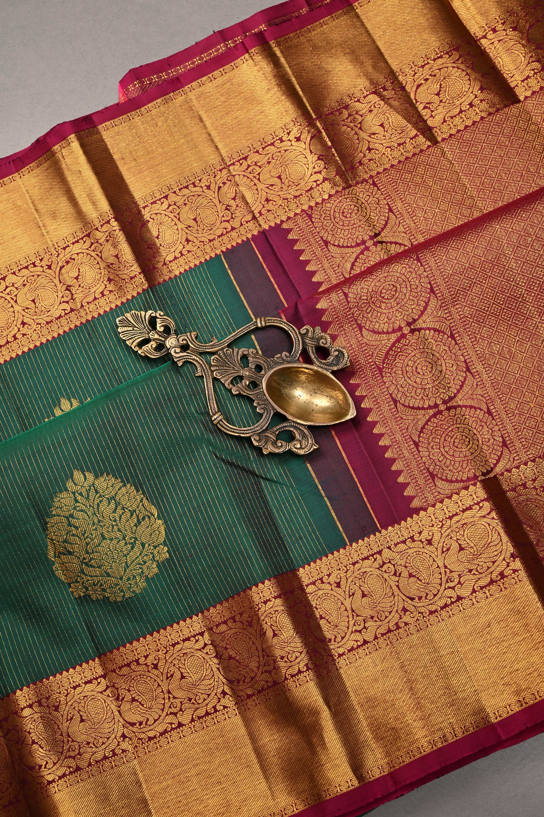 Forest Green Vairaoosi Zari Stripes on Pure Kanjivaram Silk Handloom Saree with Tree Zari Buttas and Contrast Zari Border | SILK MARK CERTIFIED | SHOBITAM