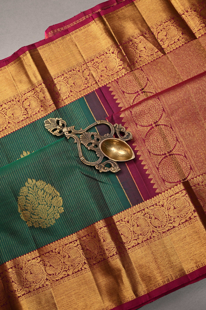 Forest Green Vairaoosi Zari Stripes on Pure Kanjivaram Silk Handloom Saree with Tree Zari Buttas and Contrast Zari Border | SILK MARK CERTIFIED | SHOBITAM