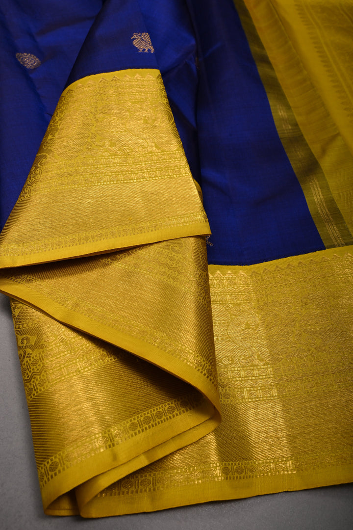 Ink Blue  Korvai Pure Kanjivaram Silk Saree with Zari Buttas and Contrast Zari Border | SILK MARK CERTIFIED | SHOBITAM