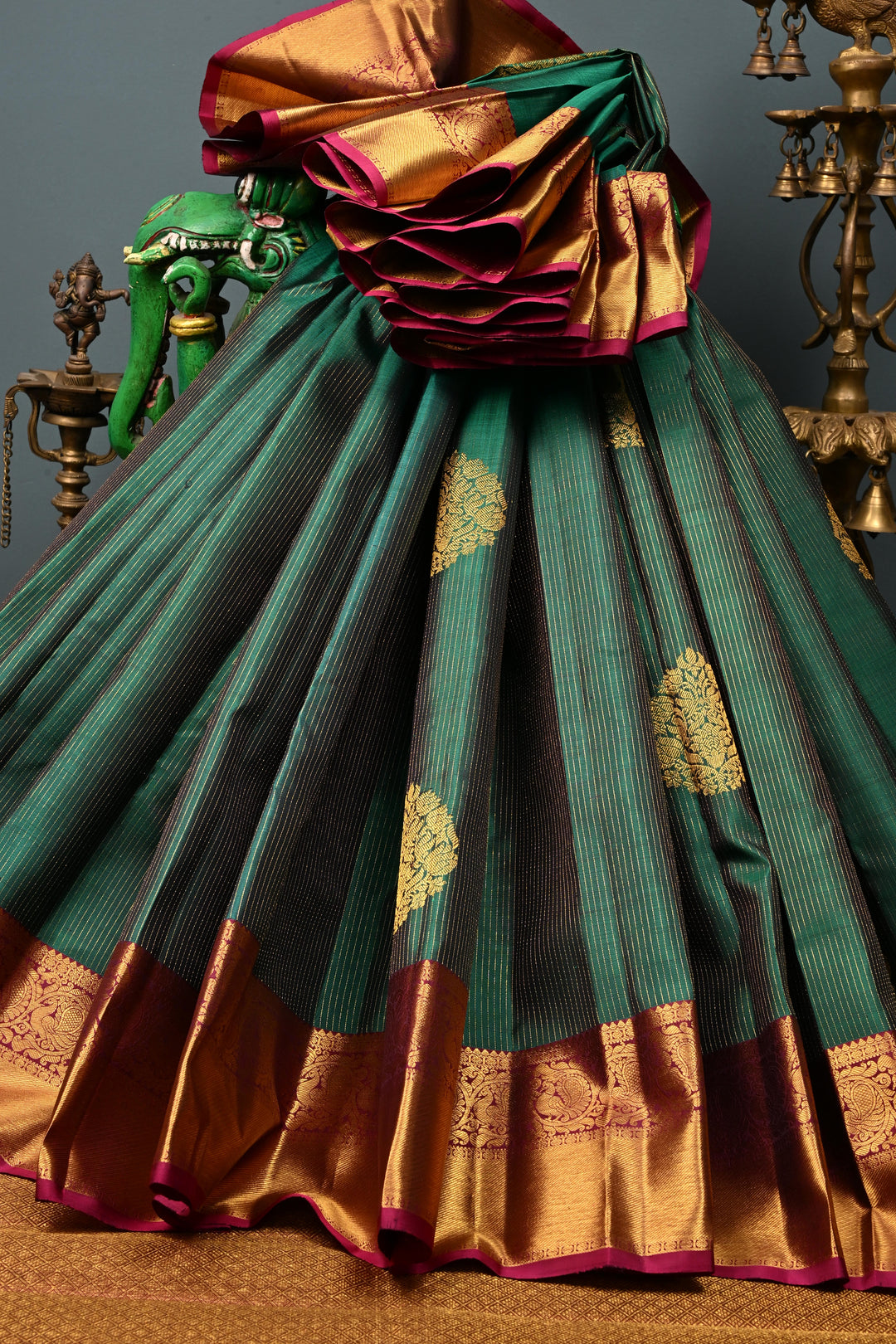 Forest Green Vairaoosi Zari Stripes on Pure Kanjivaram Silk Handloom Saree with Tree Zari Buttas and Contrast Zari Border | SILK MARK CERTIFIED | SHOBITAM