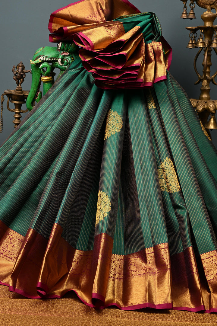 Forest Green Vairaoosi Zari Stripes on Pure Kanjivaram Silk Handloom Saree with Tree Zari Buttas and Contrast Zari Border | SILK MARK CERTIFIED | SHOBITAM