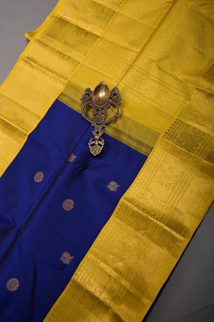 Ink Blue  Korvai Pure Kanjivaram Silk Saree with Zari Buttas and Contrast Zari Border | SILK MARK CERTIFIED | SHOBITAM